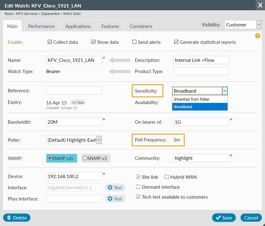 Edit watch dialog, Sensitivity profiles and polling frequencies