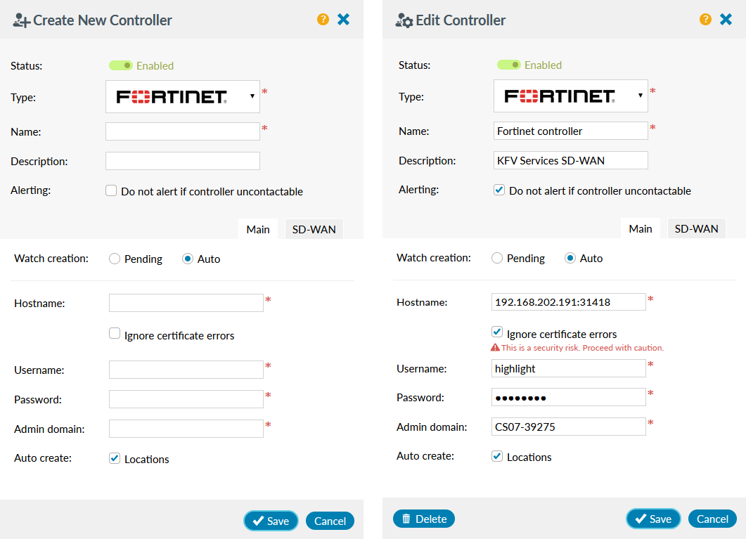 SD-WAN create or edit Fortinet controller panel