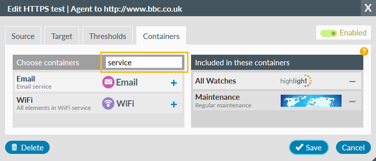 Performance Test Containers tab - Filter