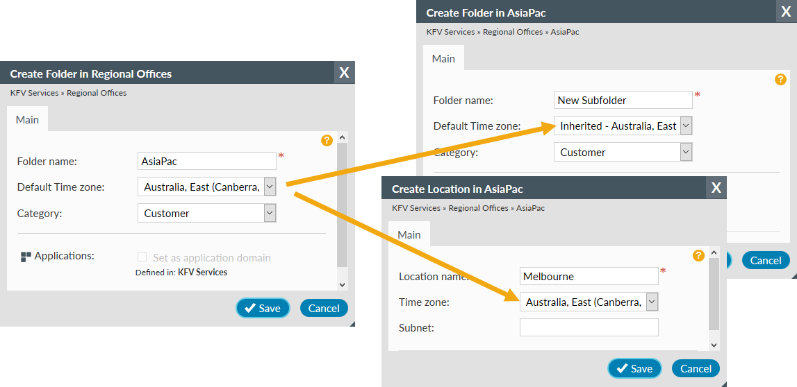 Default time zone on a folder applies to subfolders and locations