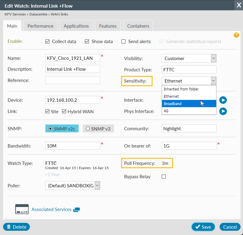 Edit watch dialog, Sensitivity profiles and polling frequencies