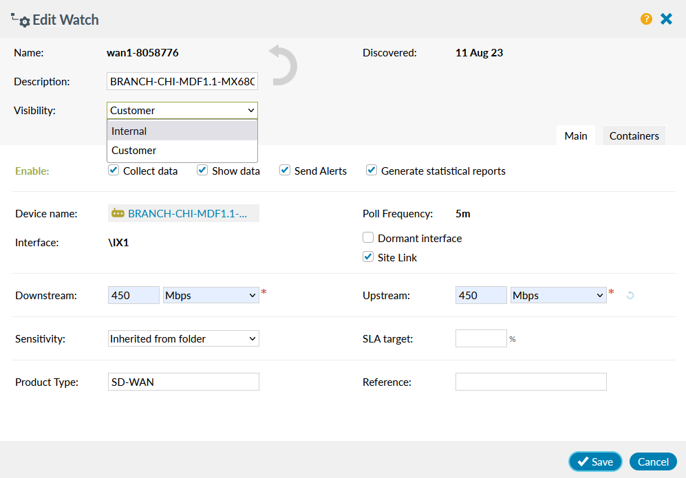 SD-WAN edit watch panel Main tab